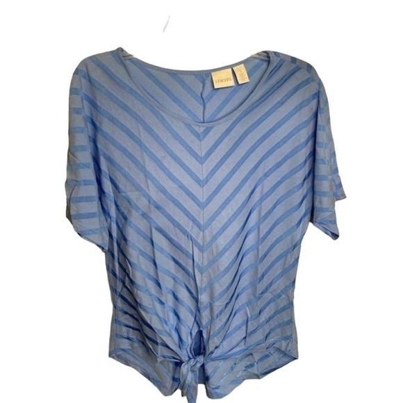 Chico's Dolman Sleeve Crew Neck Tie Front Tone on Tone Blue Top Sz 1 US Medium - Picture 1 of 3